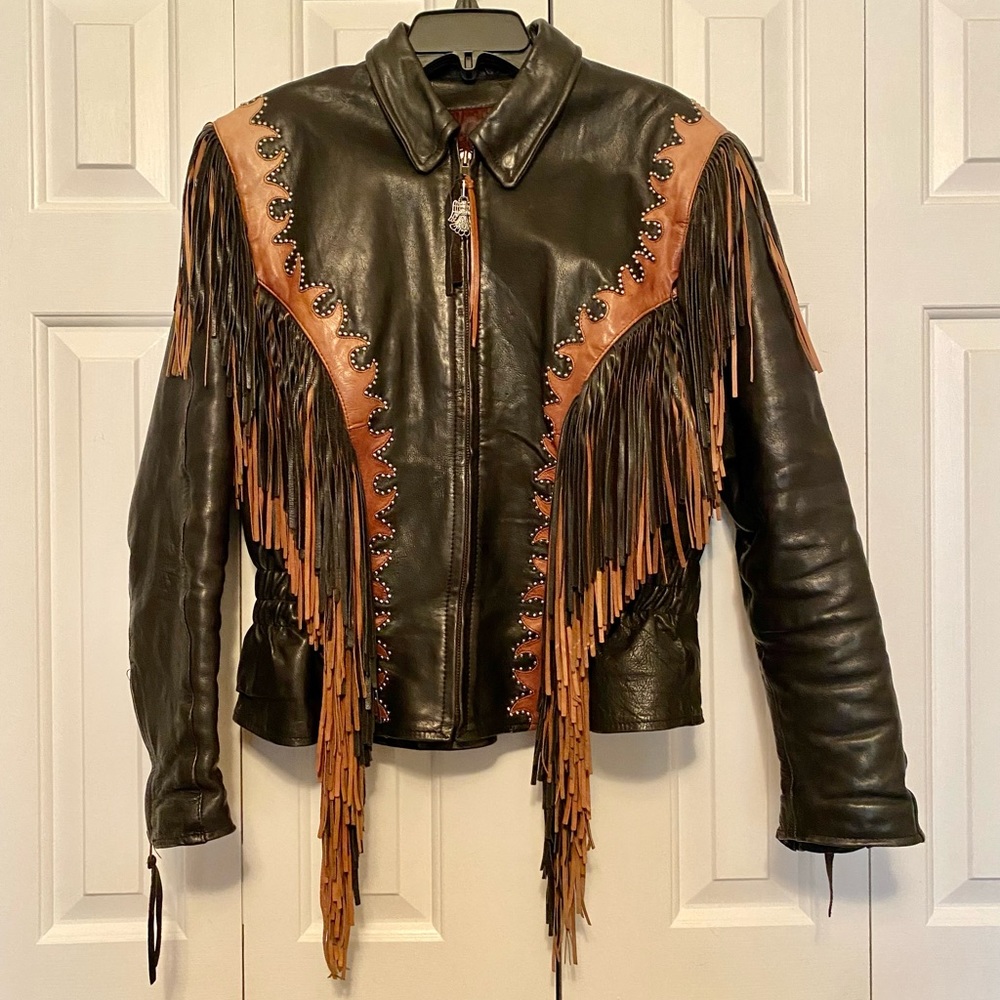 Women’s Antelope Creek Leather motorcycle jacket and chaps with fringe/ studs